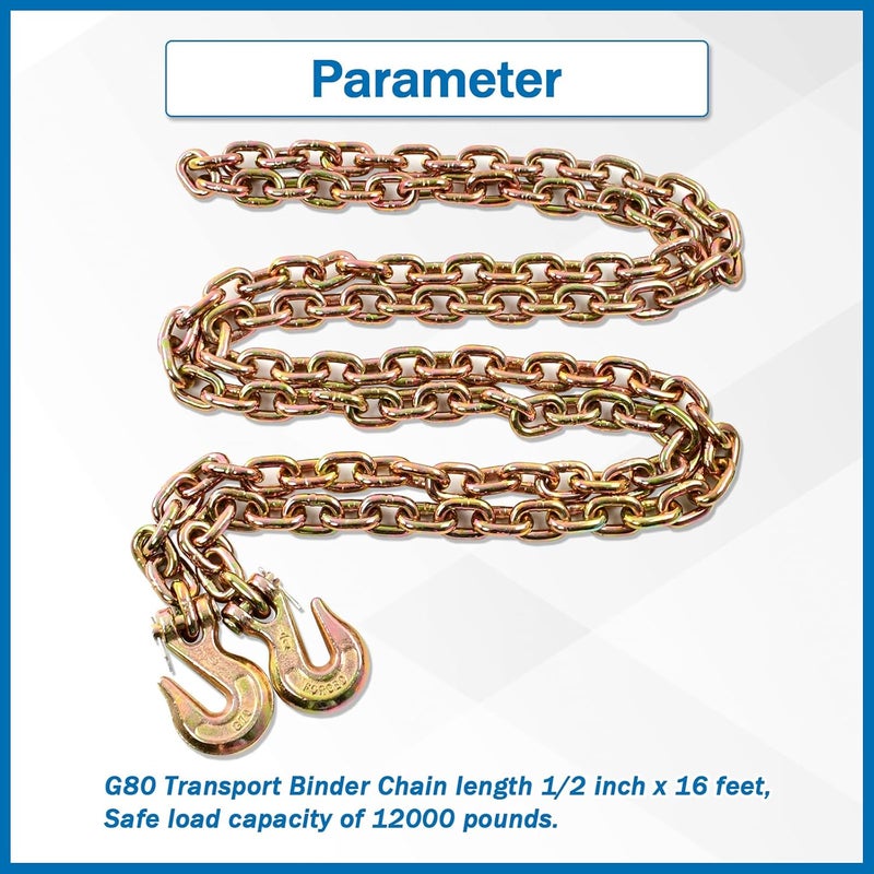 TBAPFS 1/2 Inch x 16 Feet Transport Binder Chain G80 Safey Tow Chain with Grab Hooks 12000 Lbs Safe Work Load for Transporting Towing Tie Down Binding Equipment - Image 2